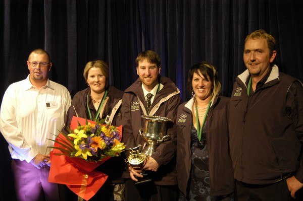 2008 Southland Dairy Industry Awards regional winners, from left, dairy trainee winner Jonathan Breach, sharemilker winners and former retail assistant and civil/structural designer Olivia and Stacey Frost, and farm manager winners and former hairdresser 